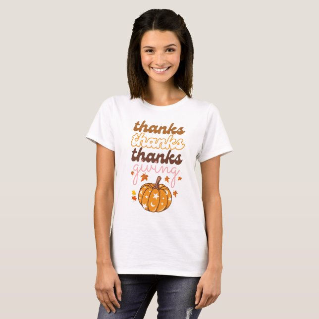 Autumn Leaves Groovy Pumpkin Holiday Thanksgiving T-Shirt (Front Full)