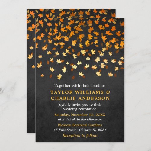 Autumn Leaves Grunge Gold and Black Wedding Invitation