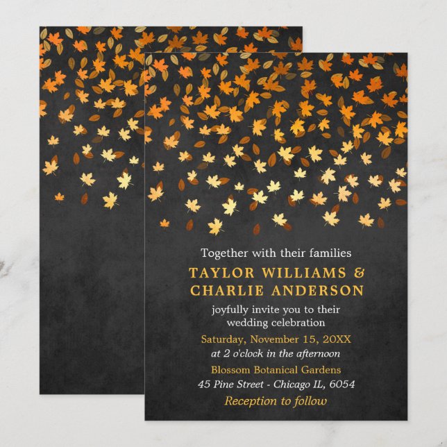 Autumn Leaves Grunge Gold and Black Wedding Invitation (Front/Back)