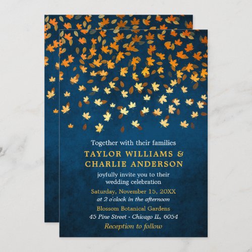 Autumn Leaves Grunge Gold and Blue Wedding Invitation