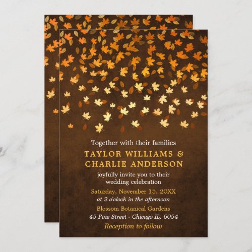 Autumn Leaves Grunge Gold and Brown Wedding Invitation