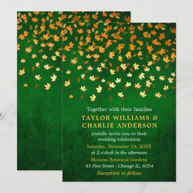 Autumn Leaves Grunge Gold and Green Wedding Invitation (Front/Back)
