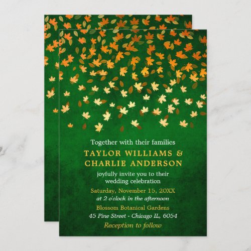 Autumn Leaves Grunge Gold and Green Wedding Invitation