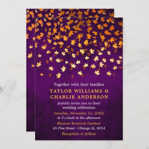 Autumn Leaves Grunge Gold and Purple Wedding Invitation