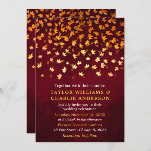 Autumn Leaves Grunge Gold and Red Wedding Invitation