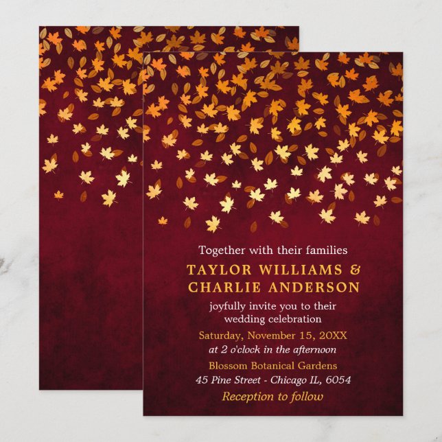 Autumn Leaves Grunge Gold and Red Wedding Invitation (Front/Back)