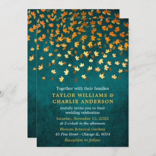 Autumn Leaves Grunge Gold and Teal Wedding Invitation