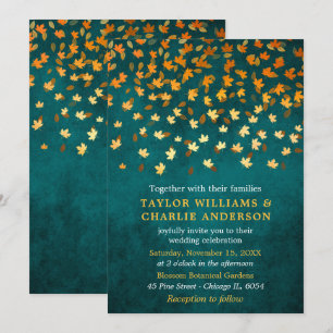 Autumn Leaves Grunge Gold and Teal Wedding Invitation