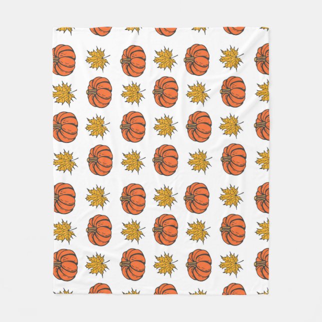 Autumn Leaves: Hand-Drawn Pumpkin Pattern Fleece Blanket (Front)