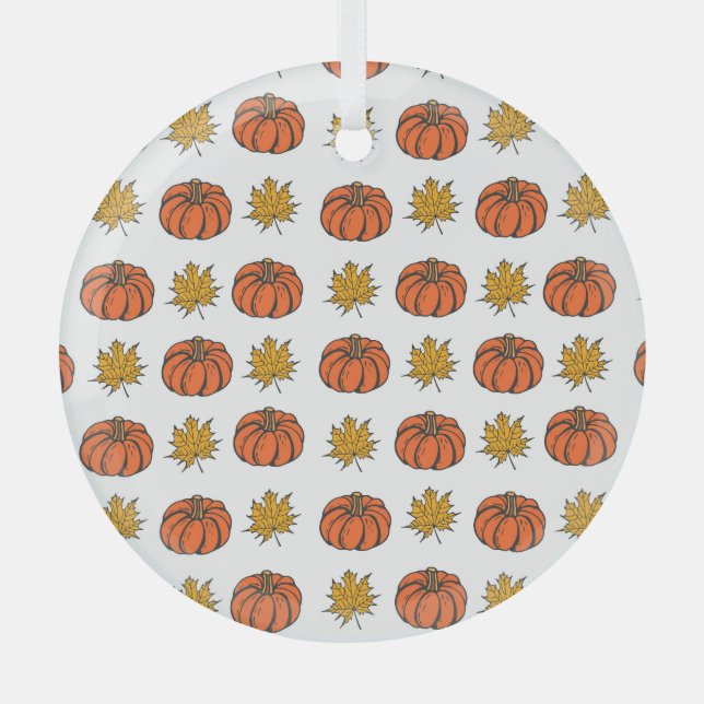 Autumn Leaves: Hand-Drawn Pumpkin Pattern Glass Ornament (Front)