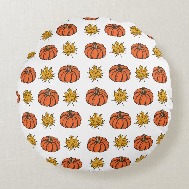 Autumn Leaves: Hand-Drawn Pumpkin Pattern Round Pillow (Front)