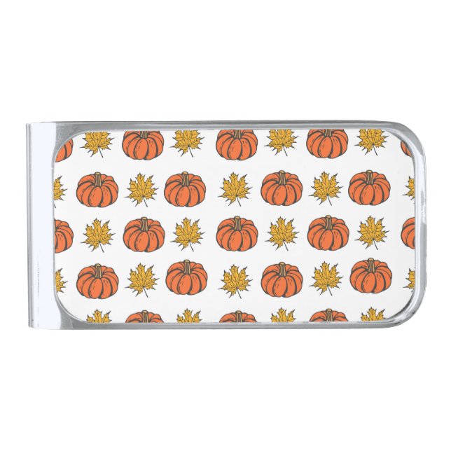 Autumn Leaves: Hand-Drawn Pumpkin Pattern Silver Finish Money Clip (Front)