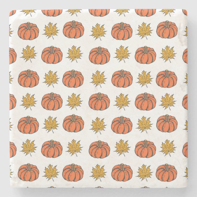 Autumn Leaves: Hand-Drawn Pumpkin Pattern Stone Coaster (Front)