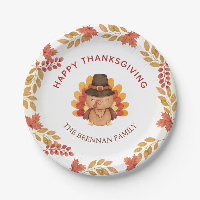 Autumn Leaves Happy Thanksgiving Dinner Gobble  Paper Plates (Front)