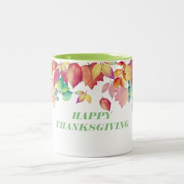 Autumn Leaves Happy Thanksgiving Two-Tone Coffee Mug (Center)