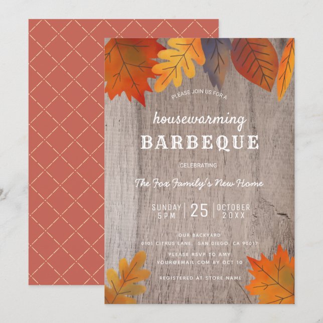 Autumn Leaves Housewarming BBQ Party Wood Invitation (Front/Back)