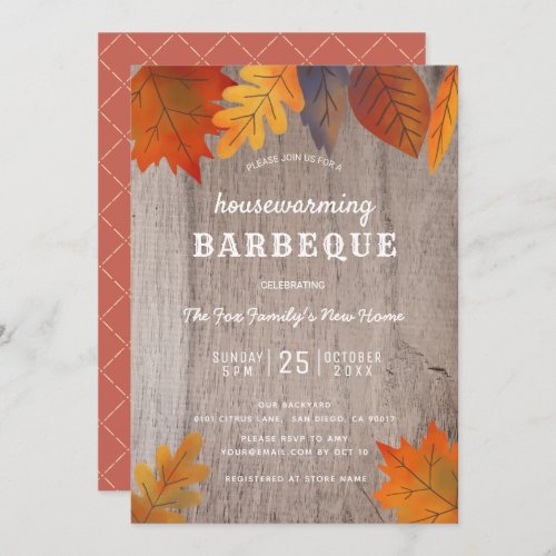 Autumn Leaves Housewarming BBQ Party Wood Invitation