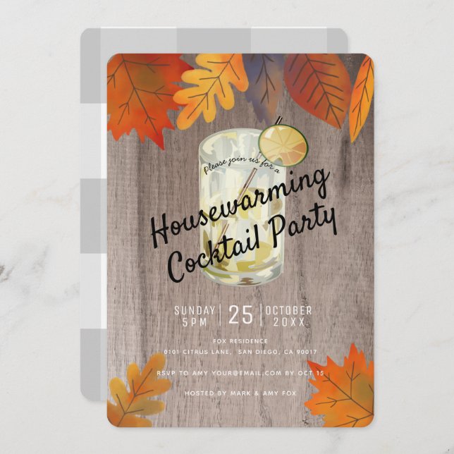 Autumn Leaves Housewarming Cocktail Party Wood Invitation (Front/Back)