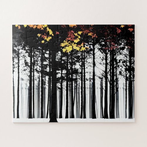 Autumn Leaves in Black and White Forest For Kids Jigsaw Puzzle