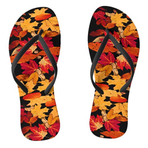 Autumn Leaves in Red Orange Yellow Brown Flip Flops