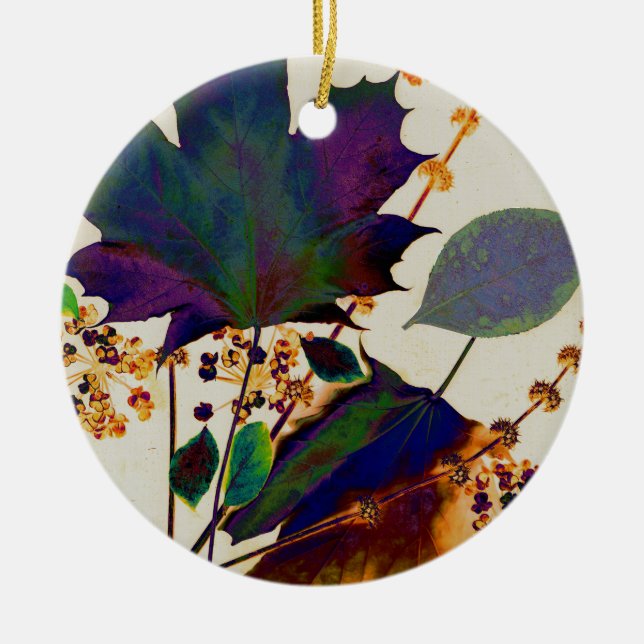 Autumn Leaves in Royal Colors Ceramic Ornament (Front)