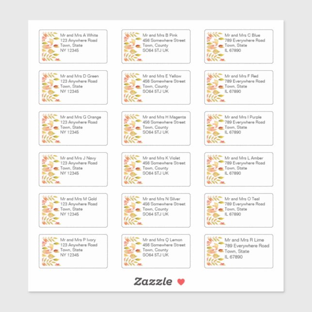Autumn Leaves Individual Name Address Wedding Sticker (Sheet)