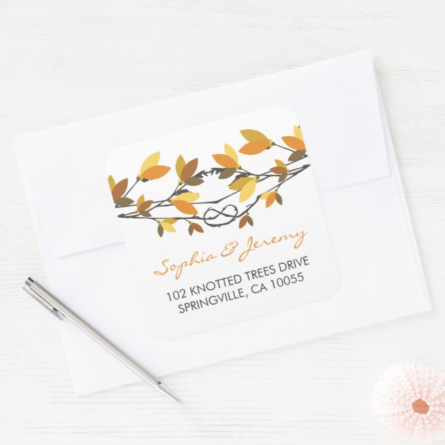 Autumn Leaves Knotted Love Trees Whimsical Wedding Square Sticker (Envelope)