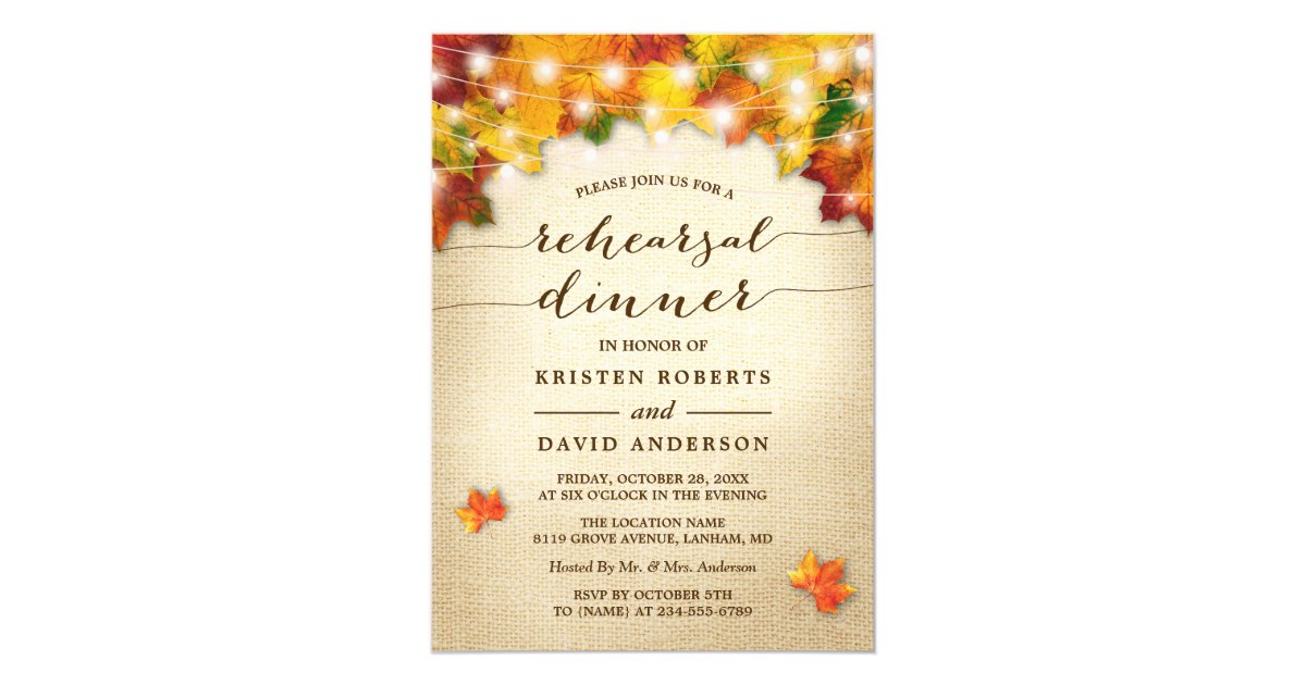 Autumn Leaves Lights Burlap Fall Rehearsal Dinner Invitation Zazzle Com