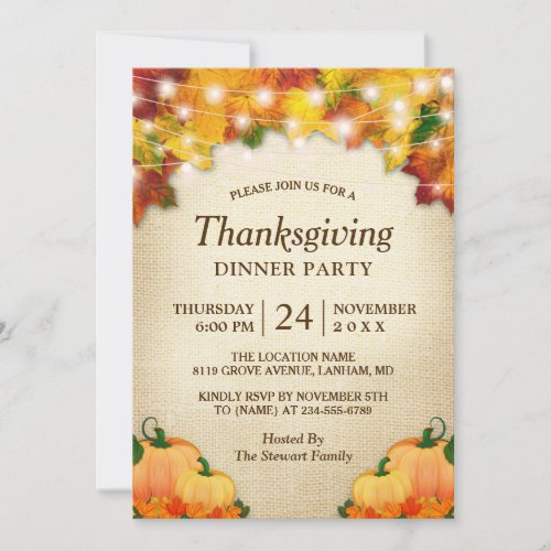 Autumn Leaves Lights Burlap Thanksgiving Dinner Invitation