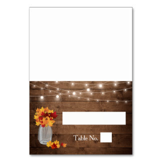 Autumn Leaves Mason Jar Lights Wood Wedding Place Card