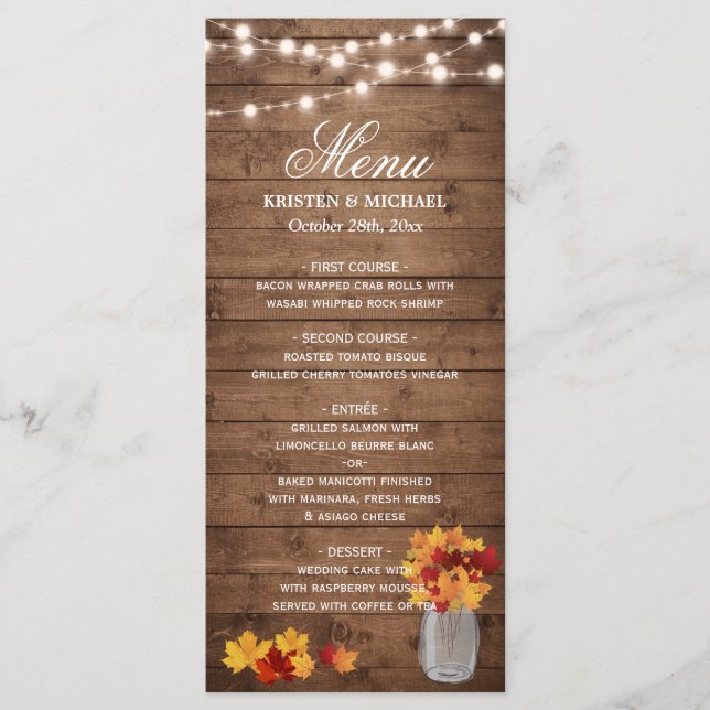Autumn Leaves Mason Jar String Lights Wedding Menu (Front)