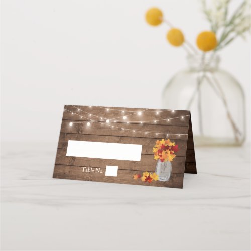 Autumn Leaves Mason Jar String Lights Wood Wedding Place Card