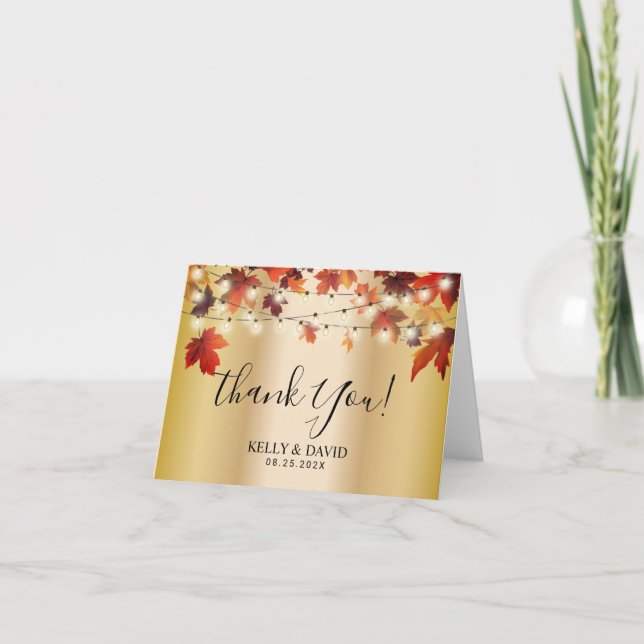 Autumn Leaves Modern Gold Fall Wedding Thank You Card (Front)