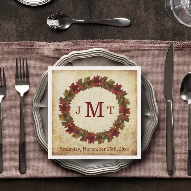 Autumn Leaves Monogram Thanksgiving Dinner Paper Napkins (Creator Uploaded)