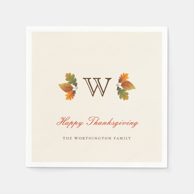 Autumn Leaves Monogram Thanksgiving Party Paper Napkins (Front)