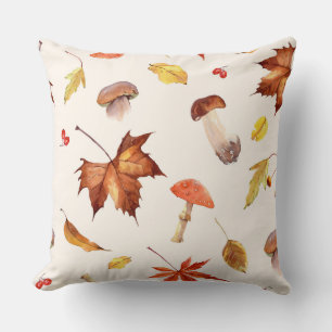 Autumn Leaves & Mushrooms Watercolor Throw Pillow