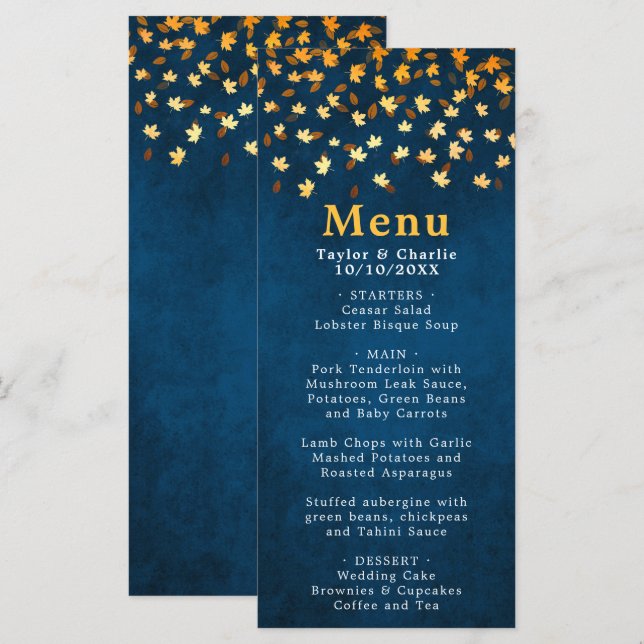 Autumn Leaves Navy Blue and Gold Wedding Menu (Front/Back)