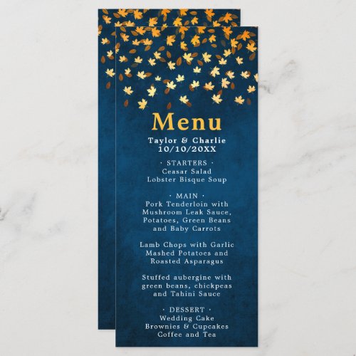 Autumn Leaves Navy Blue and Gold Wedding Menu