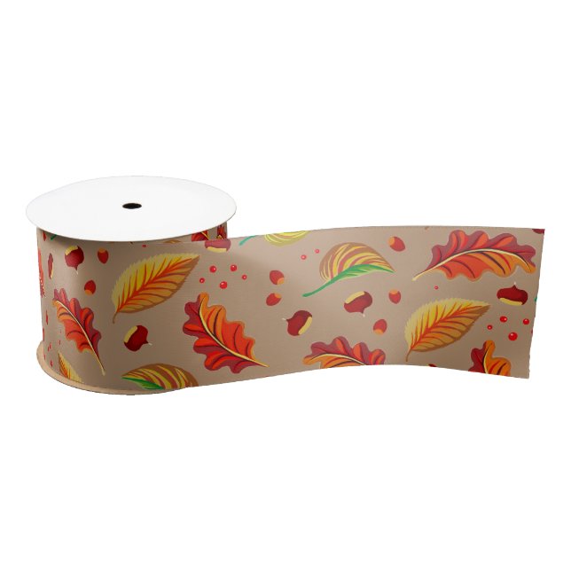  Autumn Leaves Nuts Chestnuts Pattern Elegant Fall Satin Ribbon (Spool)