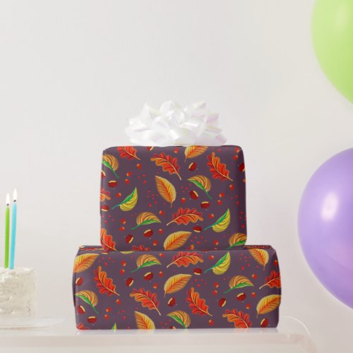  Autumn Leaves Nuts Chestnuts Pattern Elegant Fall Wrapping Paper
