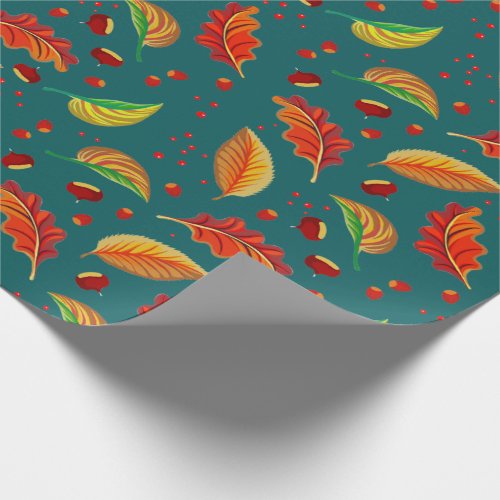  Autumn Leaves Nuts Chestnuts Pattern Elegant Fall Wrapping Paper