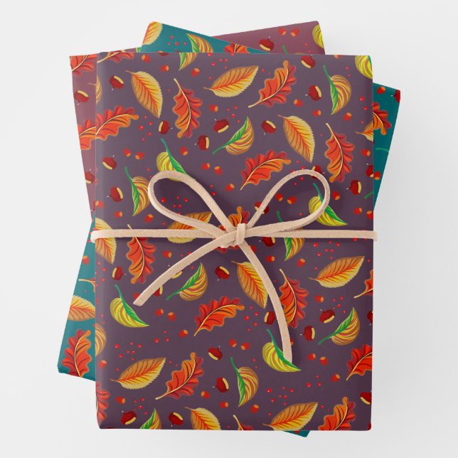  Autumn Leaves Nuts Chestnuts Pattern Elegant Fall Wrapping Paper Sheets (In situ)