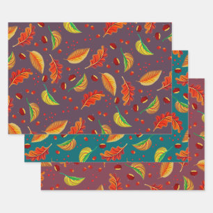 Autumn Leaves Nuts Chestnuts Pattern Elegant Fall Wrapping Paper Sheets