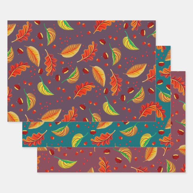 Autumn Leaves Nuts Chestnuts Pattern Elegant Fall Wrapping Paper Sheets (Set)