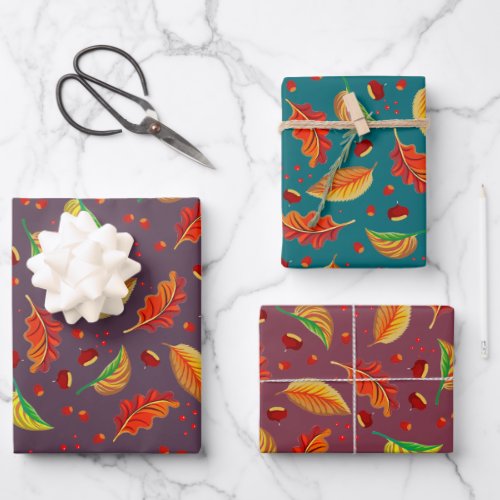  Autumn Leaves Nuts Chestnuts Pattern Elegant Fall Wrapping Paper Sheets