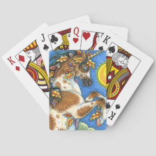 AUTUMN LEAVES ON A UNICORN STALLION, REARING HORSE POKER CARDS