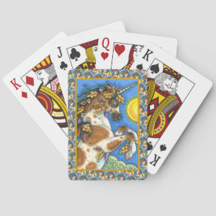 AUTUMN LEAVES ON A UNICORN STALLION, REARING HORSE POKER CARDS
