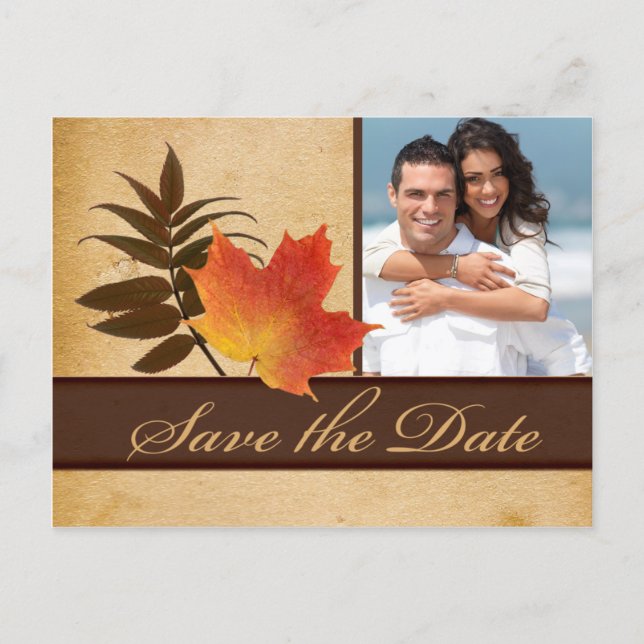 Autumn Leaves on Aged Paper Photo Save the Date Announcement Postcard (Front)