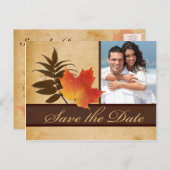 Autumn Leaves on Aged Paper Photo Save the Date Announcement Postcard (Front/Back)