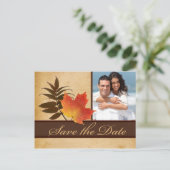Autumn Leaves on Aged Paper Photo Save the Date Announcement Postcard (Standing Front)